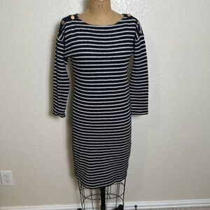 Talbots Women's XS Navy & White Stripe Dress 3/4 Sleeves Button Detail NWT
